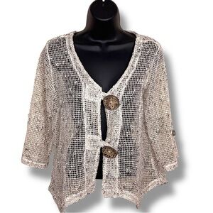 Small Nina Leonard Ivory Open Knit Top Beach Boho Bohemian Vneck Lightweight